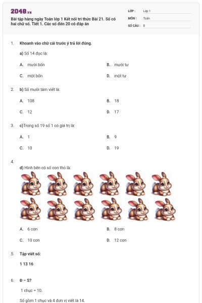 Bài tập hàng ngày Toán lớp 1 Kết nối tri thức Bài 21. Số có hai chữ số. Tiết 1. Các số đến 20 có đáp án