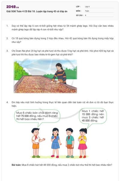 Giải SGK Toán 4 CD Bài 18. Luyện tập trang 43 có đáp án