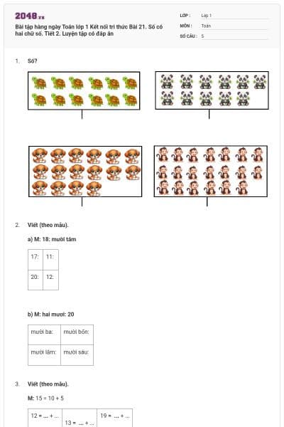 Bài tập hàng ngày Toán lớp 1 Kết nối tri thức Bài 21. Số có hai chữ số. Tiết 2. Luyện tập có đáp án