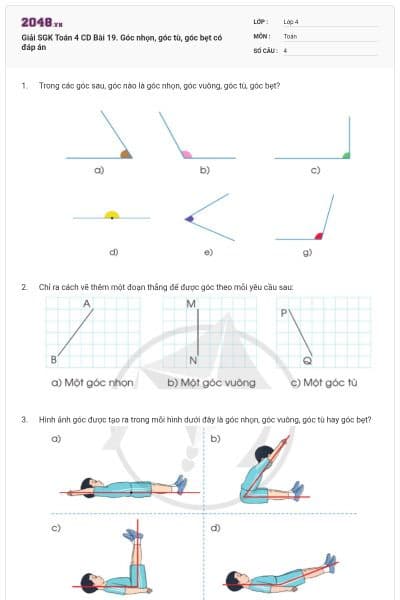Giải SGK Toán 4 CD Bài 19. Góc nhọn, góc tù, góc bẹt có đáp án