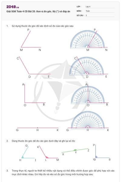Giải SGK Toán 4 CD Bài 20. Đơn vị đo góc. Độ (°) có đáp án