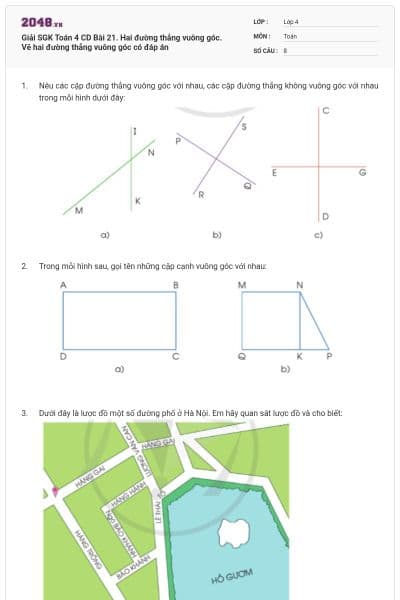 Giải SGK Toán 4 CD Bài 21. Hai đường thẳng vuông góc. Vẽ hai đường thẳng vuông góc có đáp án