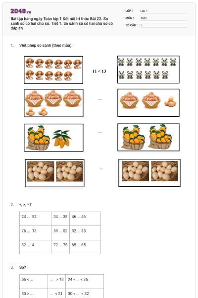 Bài tập hàng ngày Toán lớp 1 Kết nối tri thức Bài 22. So sánh số có hai chữ số. Tiết 1. So sánh số có hai chữ số có đáp án