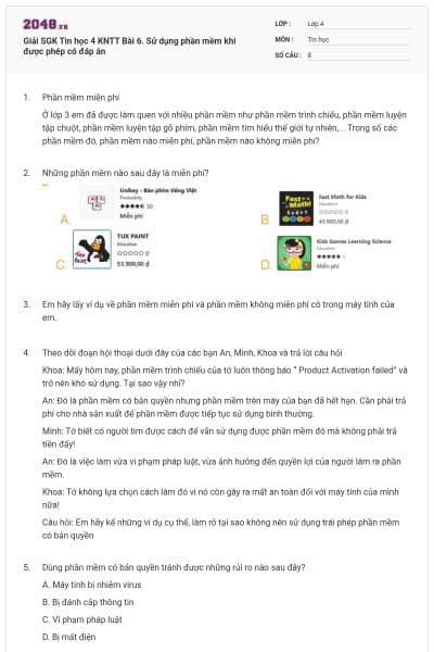 Giải SGK Tin học 4 KNTT Bài 6. Sử dụng phần mềm khi được phép có đáp án