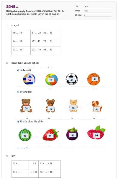 Bài tập hàng ngày Toán lớp 1 Kết nối tri thức Bài 22. So sánh số có hai chữ số. Tiết 2. Luyện tập có đáp án