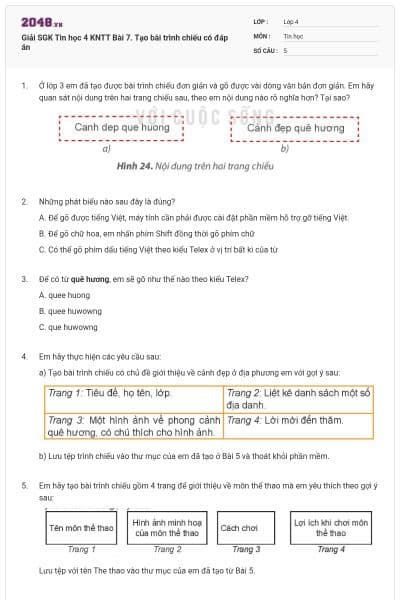 Giải SGK Tin học 4 KNTT Bài 7. Tạo bài trình chiếu có đáp án