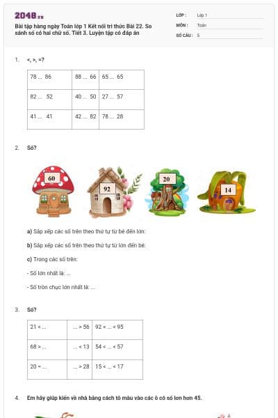 Bài tập hàng ngày Toán lớp 1 Kết nối tri thức Bài 22. So sánh số có hai chữ số. Tiết 3. Luyện tập có đáp án