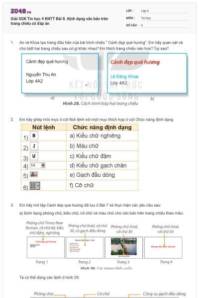 Giải SGK Tin học 4 KNTT Bài 8. Định dạng văn bản trên trang chiếu có đáp án