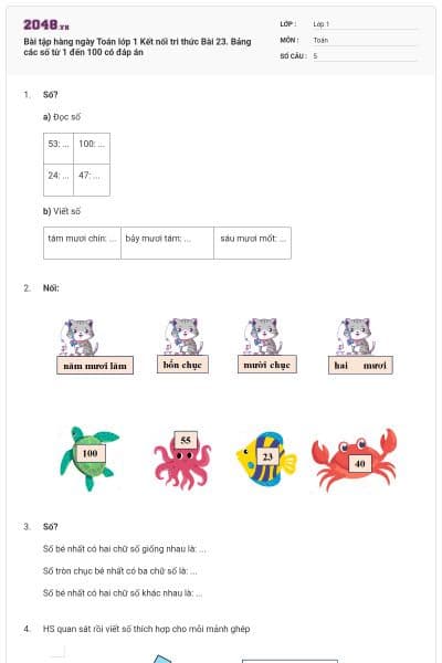 Bài tập hàng ngày Toán lớp 1 Kết nối tri thức Bài 23. Bảng các số từ 1 đến 100 có đáp án