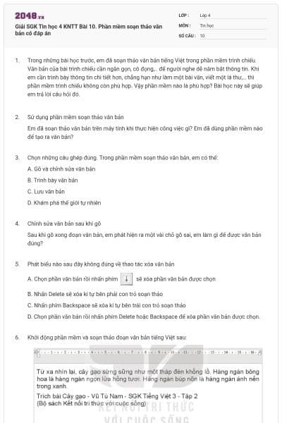 Giải SGK Tin học 4 KNTT Bài 10. Phần mềm soạn thảo văn bản có đáp án