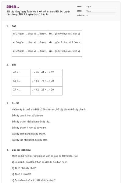 Bài tập hàng ngày Toán lớp 1 Kết nối tri thức Bài 24: Luyện tập chung. Tiết 2. Luyện tập có đáp án