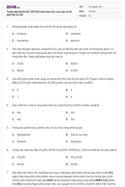 Tuyển tập đề thi thử THPTQG môn Hóa Học cực hay có lời giải (Đề số 25)