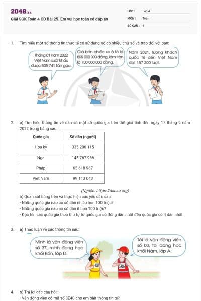 Giải SGK Toán 4 CD Bài 25. Em vui học toán có đáp án