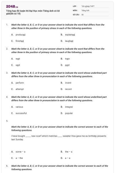 Tổng hợp đề luyện thi Đại Học môn Tiếng Anh có lời giải(Đề số 18)