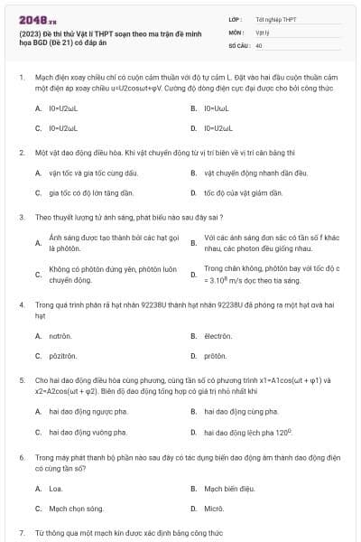(2023) Đề thi thử Vật lí THPT soạn theo ma trận đề minh họa BGD (Đề 21) có đáp án
