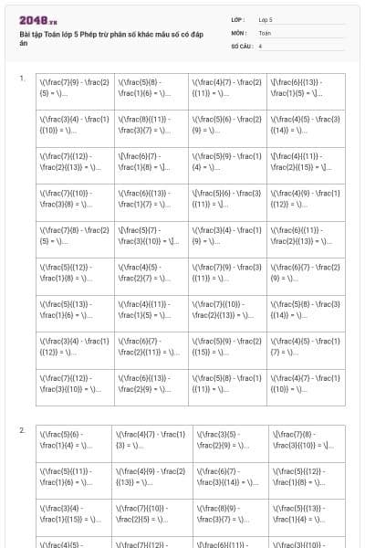 Bài tập Toán lớp 5 Phép trừ phân số khác mẫu số có đáp án