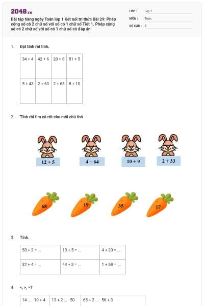 Bài tập hàng ngày Toán lớp 1 Kết nối tri thức Bài 29: Phép cộng số có 2 chữ số với số có 1 chữ số Tiết 1. Phép cộng số có 2 chữ số với số có 1 chữ số có đáp án