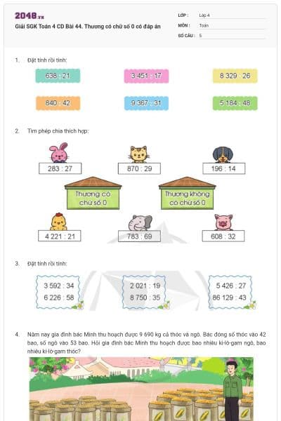 Giải SGK Toán 4 CD Bài 44. Thương có chữ số 0 có đáp án