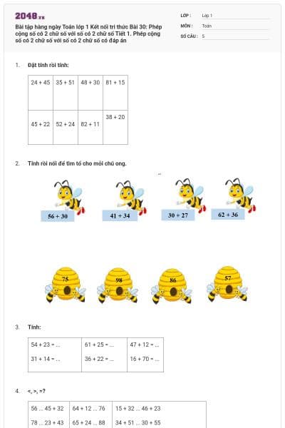 Bài tập hàng ngày Toán lớp 1 Kết nối tri thức Bài 30: Phép cộng số có 2 chữ số với số có 2 chữ số Tiết 1. Phép cộng số có 2 chữ số với số có 2 chữ số có đáp án