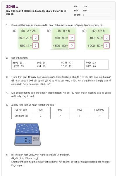 Giải SGK Toán 4 CD Bài 46. Luyện tập chung trang 102 có đáp án