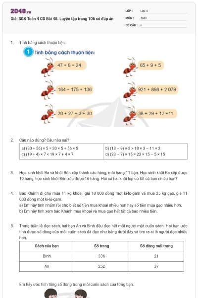 Giải SGK Toán 4 CD Bài 48. Luyện tập trang 106 có đáp án