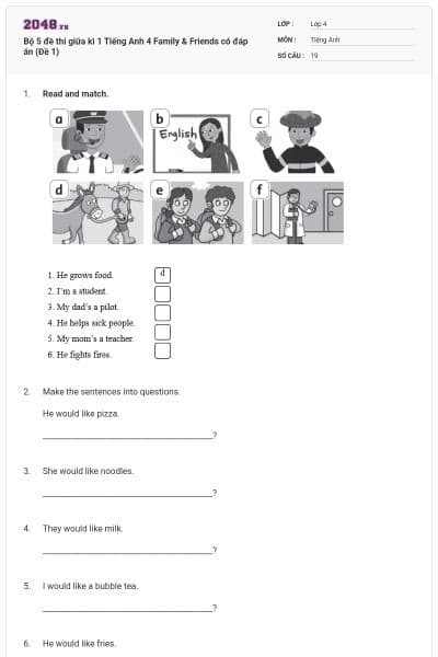 Bộ 5 đề thi giữa kì 1 Tiếng Anh 4 Family & Friends có đáp án (Đề 1)