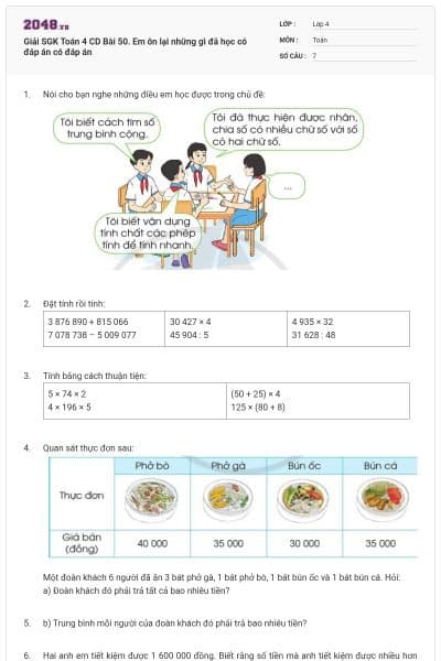 Giải SGK Toán 4 CD Bài 50. Em ôn lại những gì đã học có đáp án có đáp án