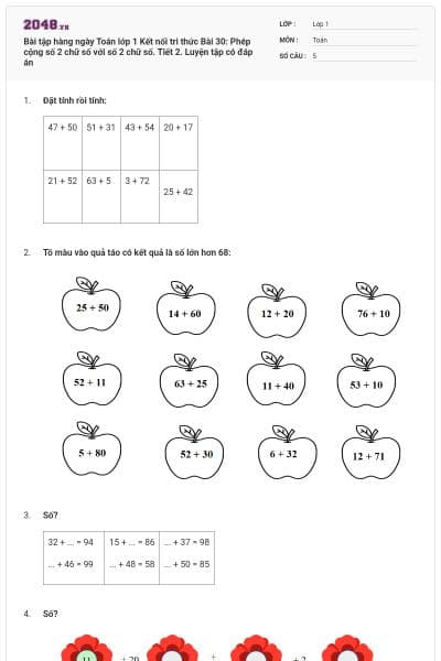 Bài tập hàng ngày Toán lớp 1 Kết nối tri thức Bài 30: Phép cộng số 2 chữ số với số 2 chữ số. Tiết 2. Luyện tập có đáp án