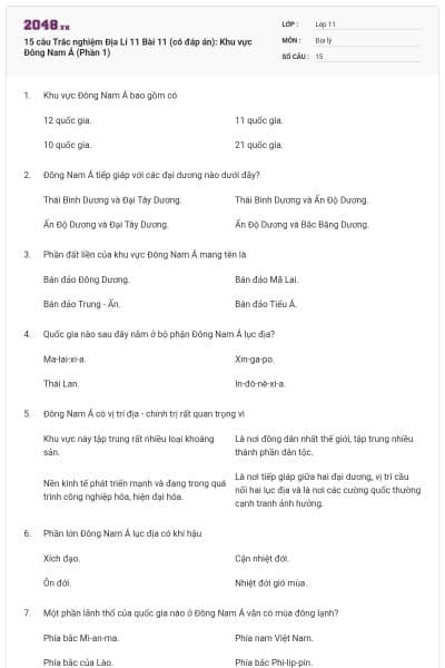 15 câu Trắc nghiệm Địa Lí 11 Bài 11 (có đáp án): Khu vực Đông Nam Á (Phần 1)