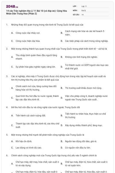 14 câu Trắc nghiệm Địa Lí 11 Bài 10 (có đáp án): Cộng Hòa Nhân Dân Trung Hoa (Phần 2)