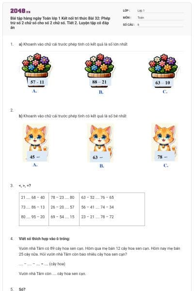 Bài tập hàng ngày Toán lớp 1 Kết nối tri thức Bài 32: Phép trừ số 2 chữ số cho số 2 chữ số. Tiết 2. Luyện tập có đáp án