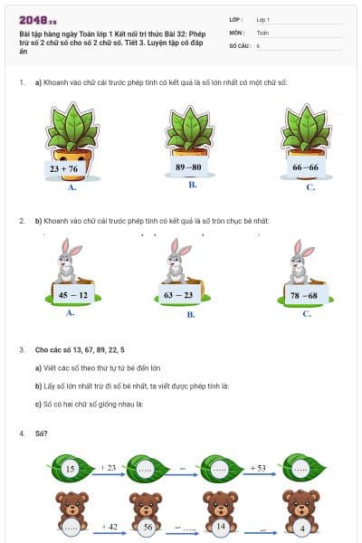 Bài tập hàng ngày Toán lớp 1 Kết nối tri thức Bài 32: Phép trừ số 2 chữ số cho số 2 chữ số. Tiết 3. Luyện tập có đáp án
