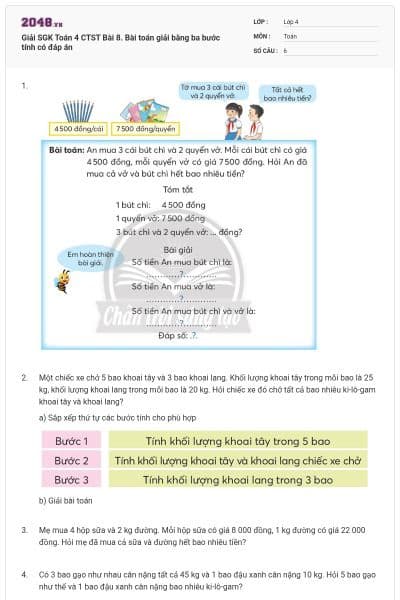 Giải SGK Toán 4 CTST Bài 8. Bài toán giải bằng ba bước tính có đáp án