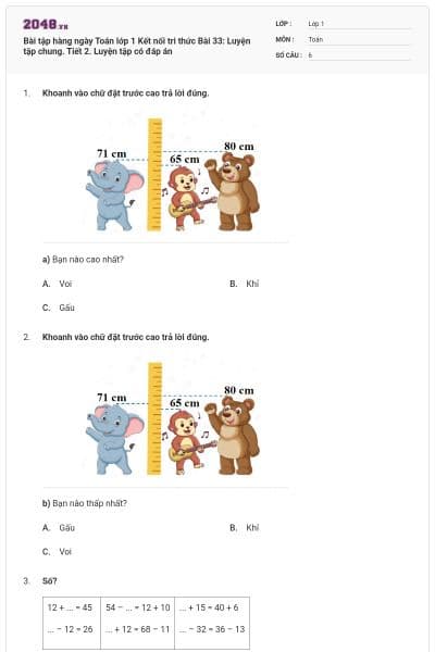 Bài tập hàng ngày Toán lớp 1 Kết nối tri thức Bài 33: Luyện tập chung. Tiết 2. Luyện tập có đáp án