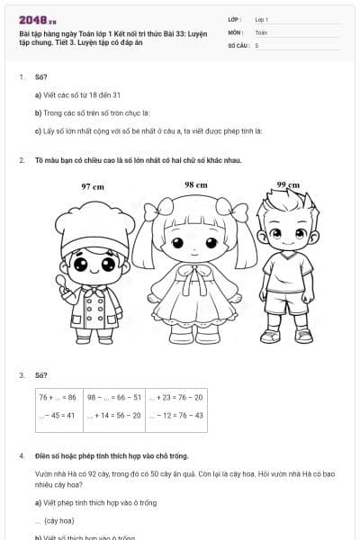 Bài tập hàng ngày Toán lớp 1 Kết nối tri thức Bài 33: Luyện tập chung. Tiết 3. Luyện tập có đáp án