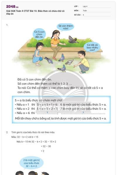 Giải SGK Toán 4 CTST Bài 10. Biểu thức có chứa chữ có đáp án