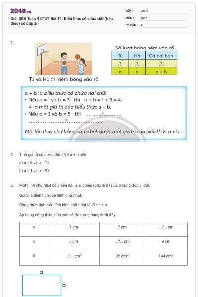 Giải SGK Toán 4 CTST Bài 11. Biểu thức có chứa chữ (tiếp theo) có đáp án