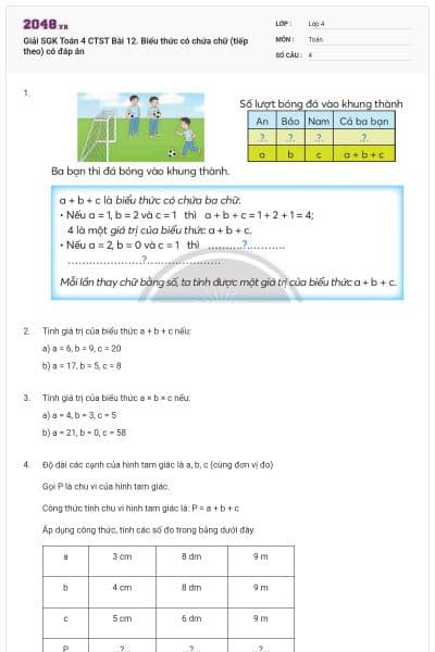 Giải SGK Toán 4 CTST Bài 12. Biểu thức có chứa chữ (tiếp theo) có đáp án