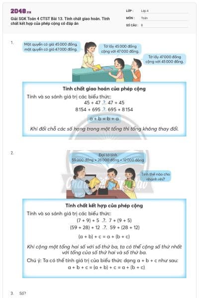 Giải SGK Toán 4 CTST Bài 13. Tính chất giao hoán. Tính chất kết hợp của phép cộng có đáp án