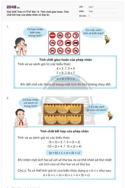 Giải SGK Toán 4 CTST Bài 14. Tính chất giao hoán, Tính chất kết hợp của phép nhân có đáp án