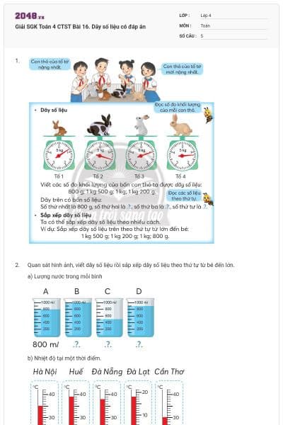 Giải SGK Toán 4 CTST Bài 16. Dãy số liệu có đáp án