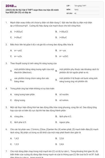 (2023) Đề thi thử Vật lí THPT soạn theo ma trận đề minh họa BGD (Đề 25) có đáp án