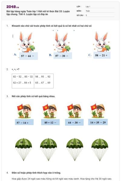 Bài tập hàng ngày Toán lớp 1 Kết nối tri thức Bài 33: Luyện tập chung. Tiết 4. Luyện tập có đáp án