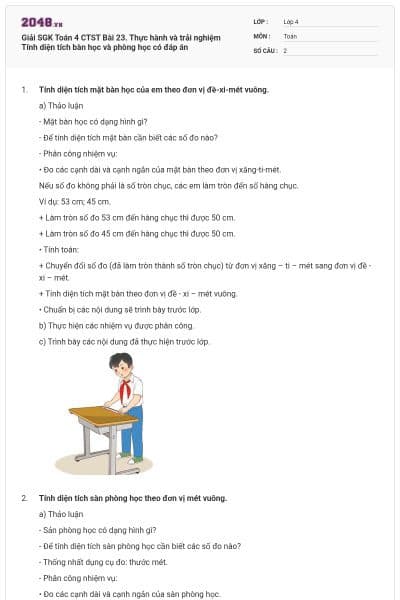 Giải SGK Toán 4 CTST Bài 23. Thực hành và trải nghiệm Tính diện tích bàn học và phòng học có đáp án