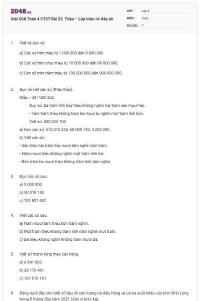 Giải SGK Toán 4 CTST Bài 25. Triệu – Lớp triệu có đáp án