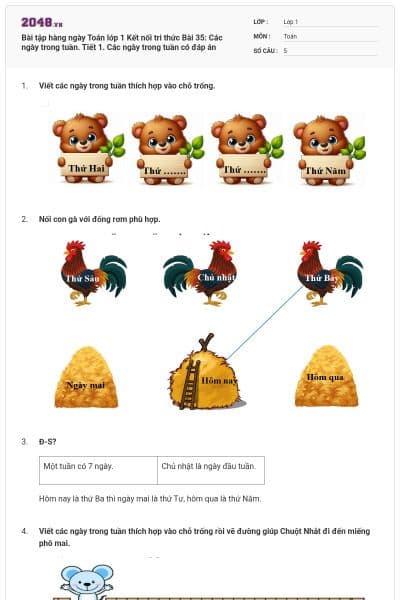 Bài tập hàng ngày Toán lớp 1 Kết nối tri thức Bài 35: Các ngày trong tuần. Tiết 1. Các ngày trong tuần có đáp án