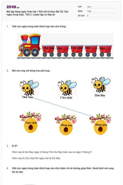Bài tập hàng ngày Toán lớp 1 Kết nối tri thức Bài 35: Các ngày trong tuần. Tiết 2. Luyện tập có đáp án