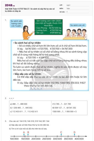 Giải SGK Toán 4 CTST Bài 27. So sánh và xếp thứ tự các số tự nhiên có đáp án