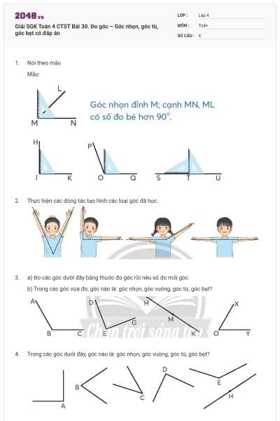 Giải SGK Toán 4 CTST Bài 30. Đo góc – Góc nhọn, góc tù, góc bẹt có đáp án
