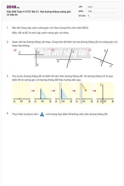 Giải SGK Toán 4 CTST Bài 31. Hai đường thẳng vuông góc có đáp án